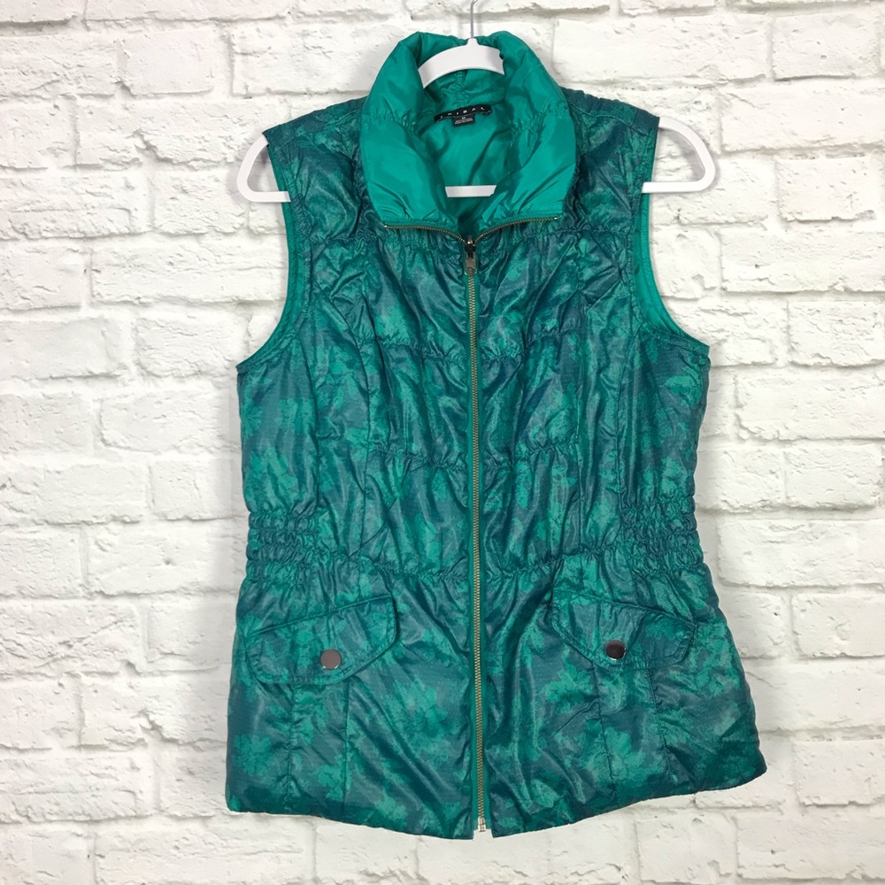 Tribal M Zip Up Floral Smocked Pockets Puffer Vest